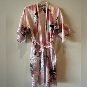 Zhongshan Sang Gorgeous Pink with Cranes Satin Kimono w/ belt- One Size